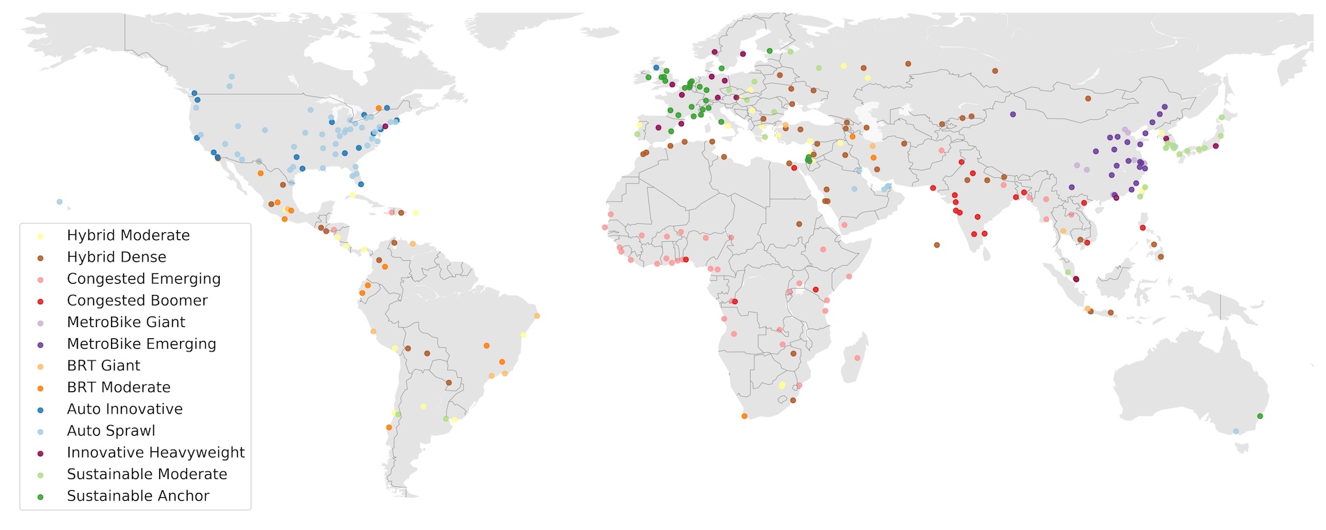 World map with points of mobility types